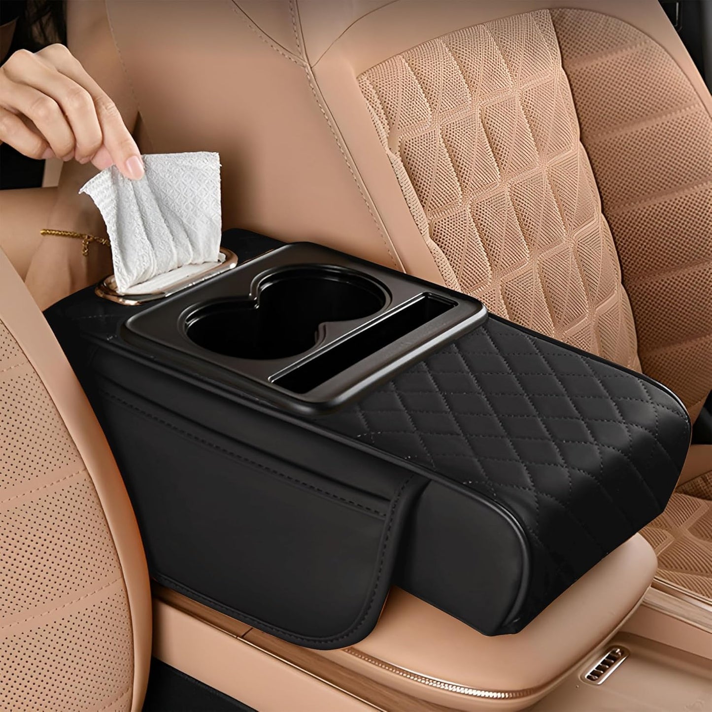 5-in-1 Armrest Storage Box Upgrade Memory Foam Console Cover with Cup for Car Phone Tissue Box Holder