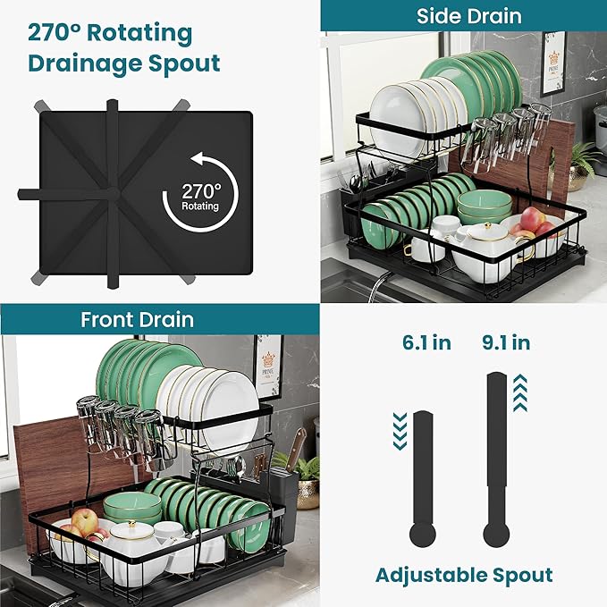 2 Tier Dish Drainer Rack with Drainage Spout,Detachable Dish Drainer Rack,Draining Board Rack with Utensil Holder