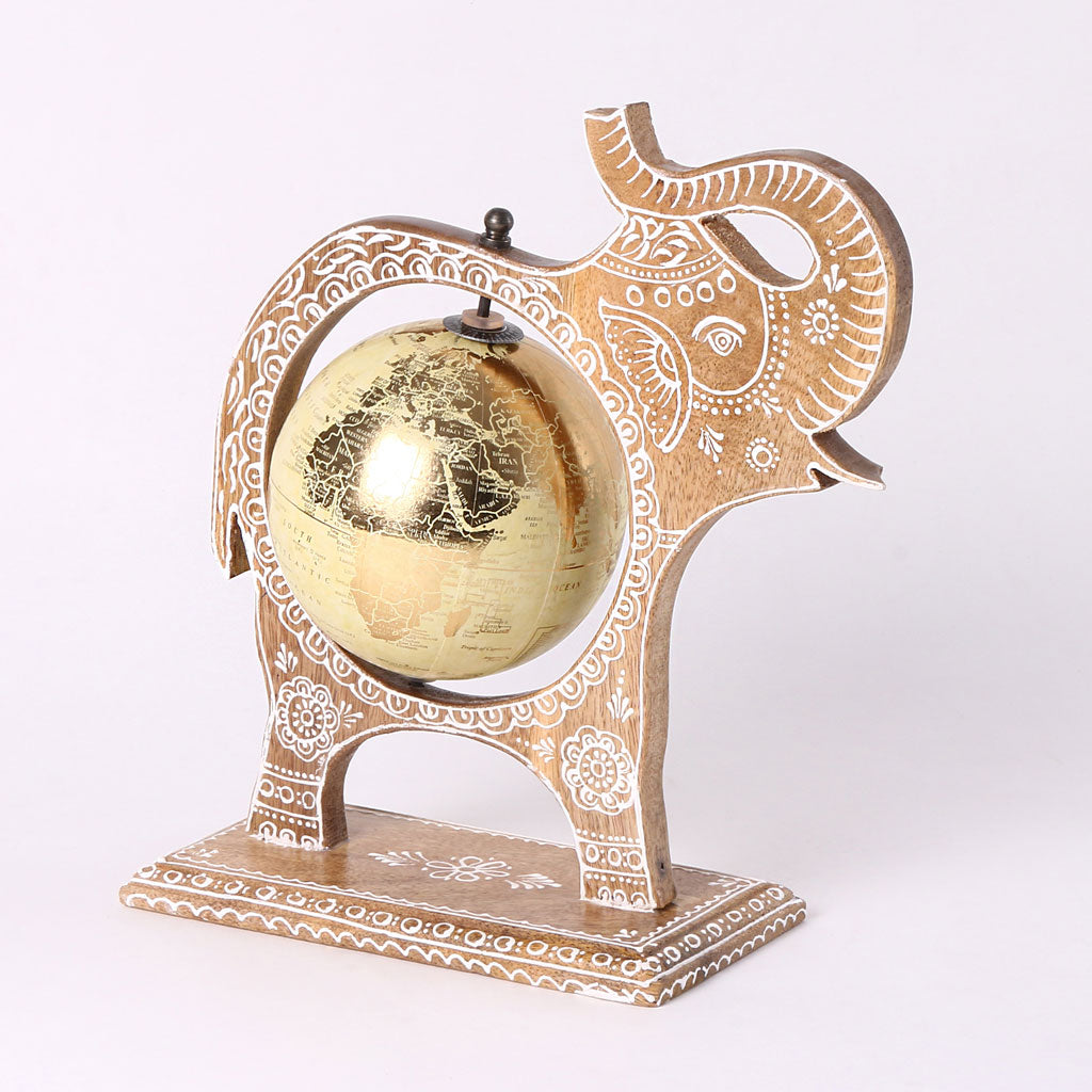 Brown Wooden Elephant Globe Showpiece