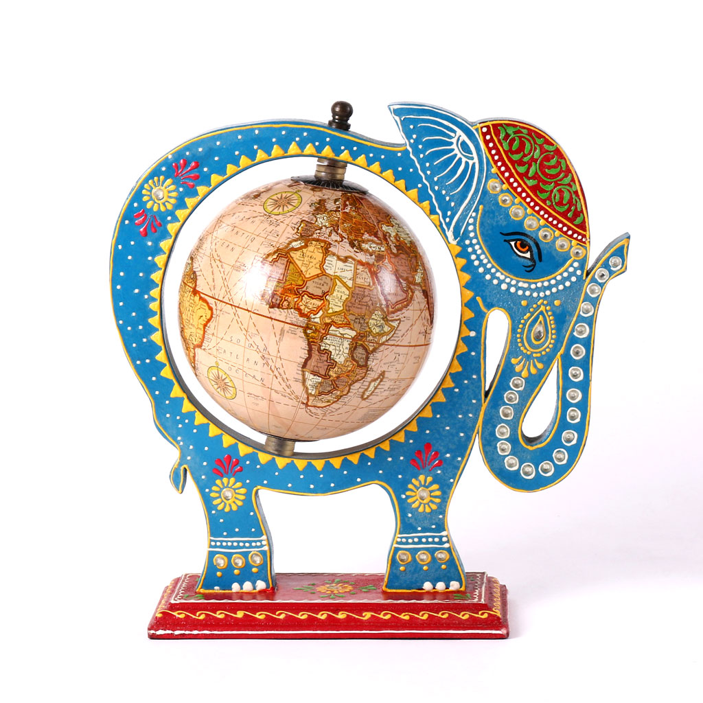 Blue Wooden Elephant Globe Showpiece
