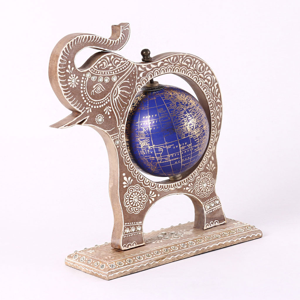 Brown Wooden Elephant Globe Showpiece