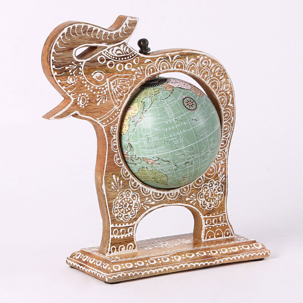 Brown Wooden Elephant Globe Showpiece