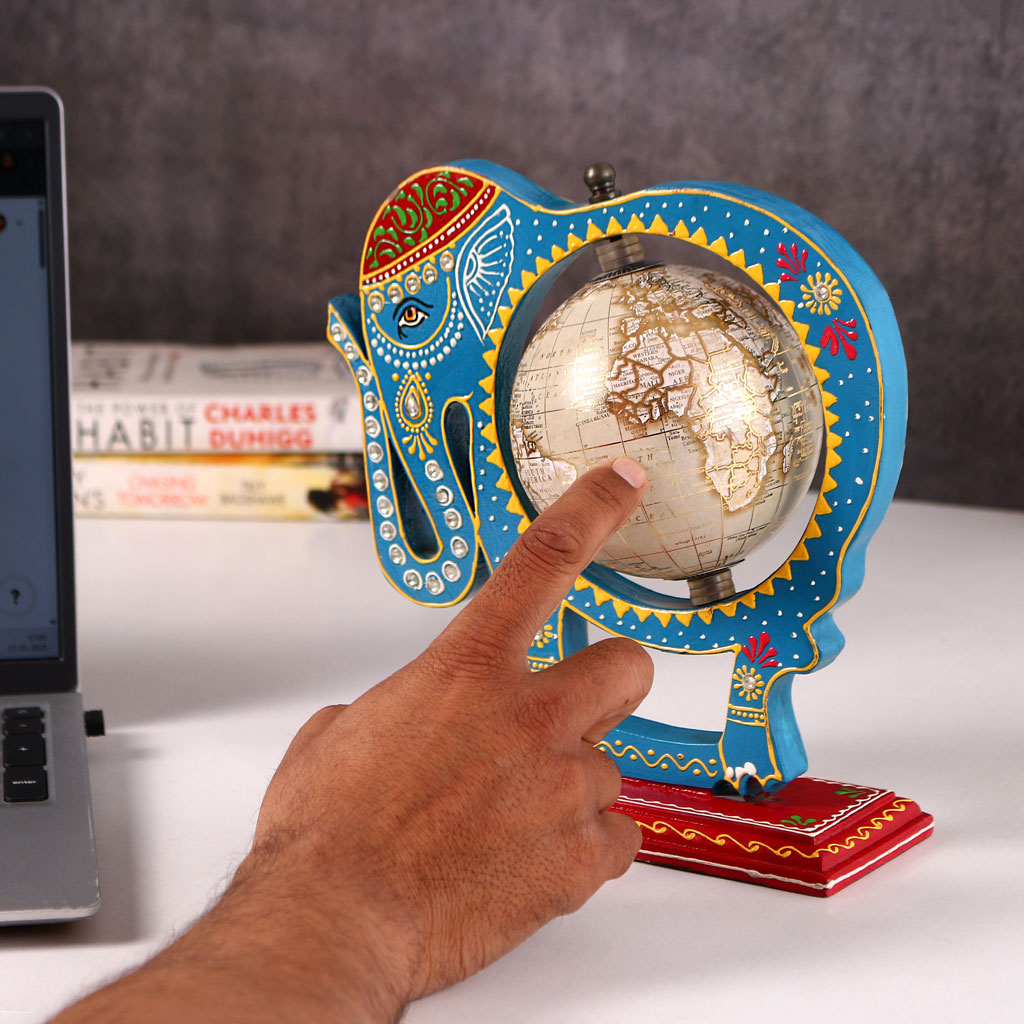 Blue Wooden Elephant Globe Showpiece