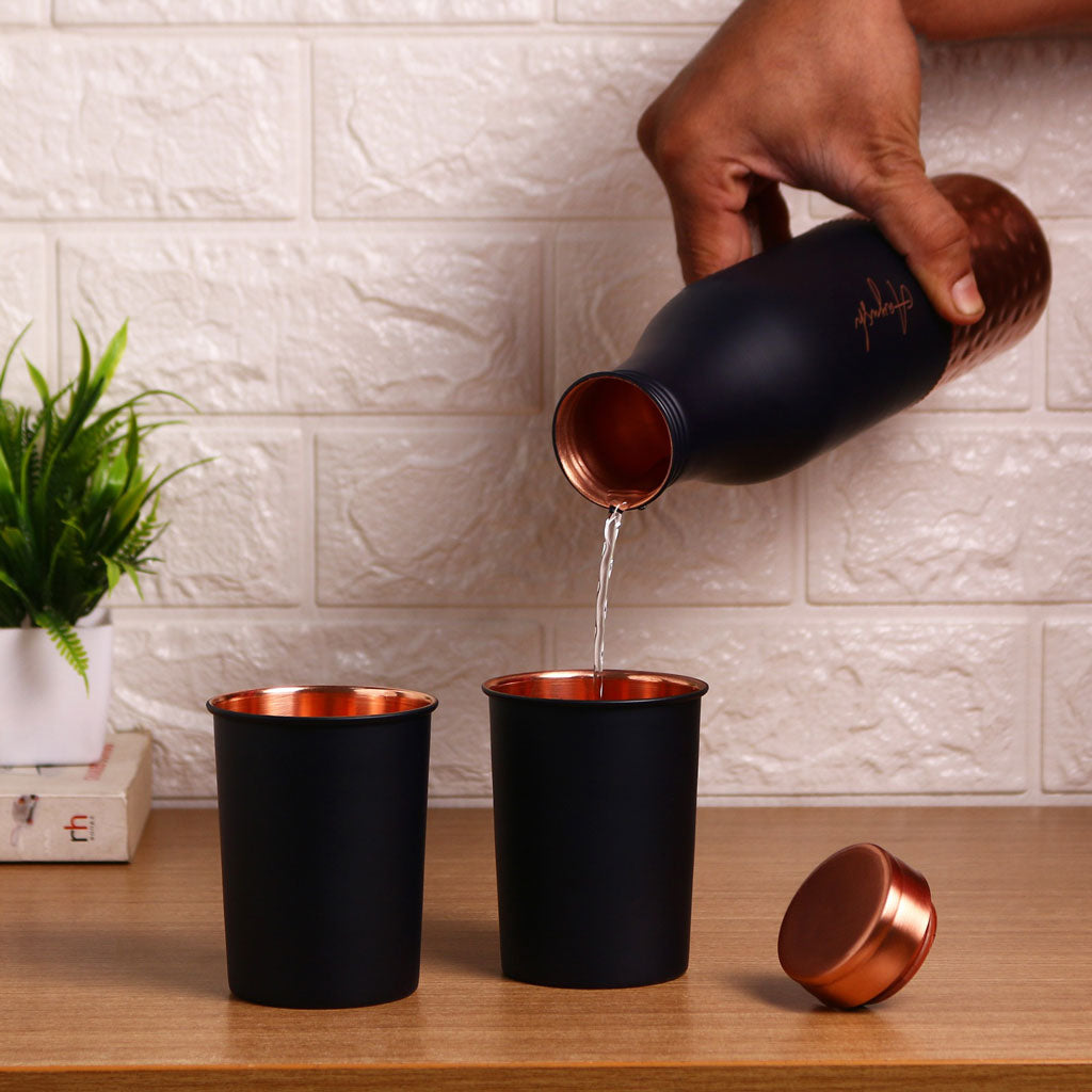 Blue Copper Bottle With Glass- Set of 2