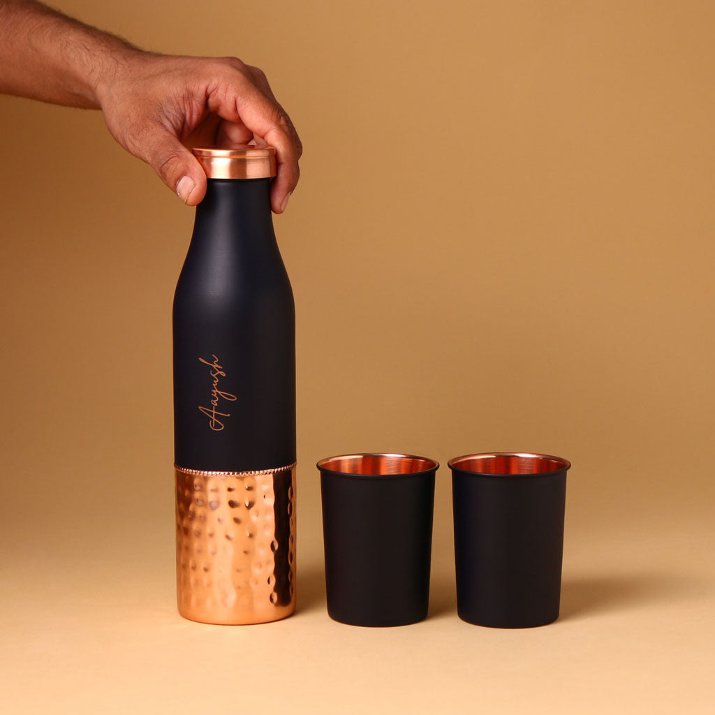 Blue Copper Bottle With Glass- Set of 2