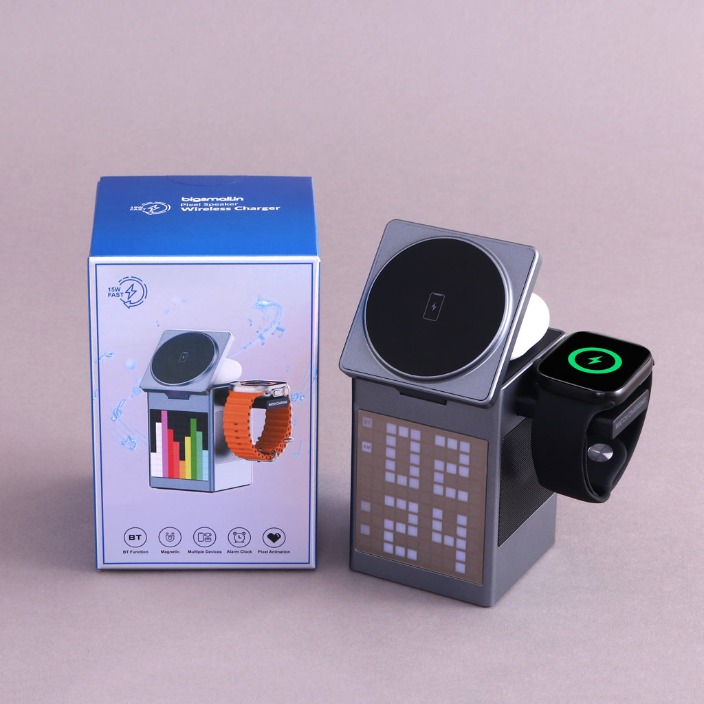 Pixel Dock - 5 in 1 Wireless Charger with Speaker and Clock