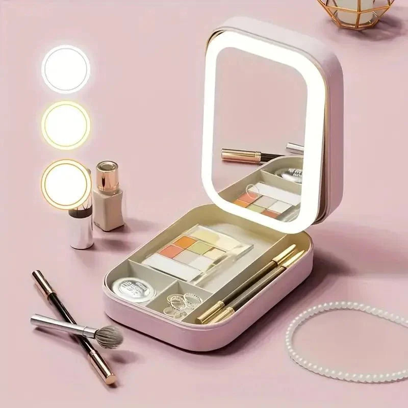 LED Lighted Makeup Mirror Jewelry Box – Portable 2-in-1 Travel Organizer with Adjustable Lighting, Cosmetic Storage & Rechargeable Battery – Compact Vanity Mirror for Women