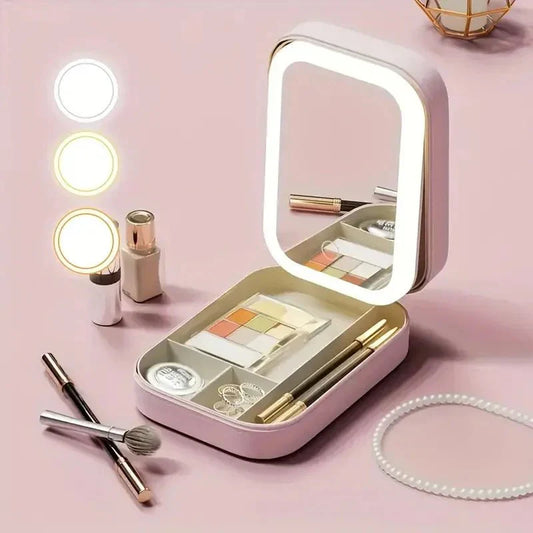 LED Lighted Makeup Mirror Jewelry Box – Portable 2-in-1 Travel Organizer with Adjustable Lighting, Cosmetic Storage & Rechargeable Battery – Compact Vanity Mirror for Women