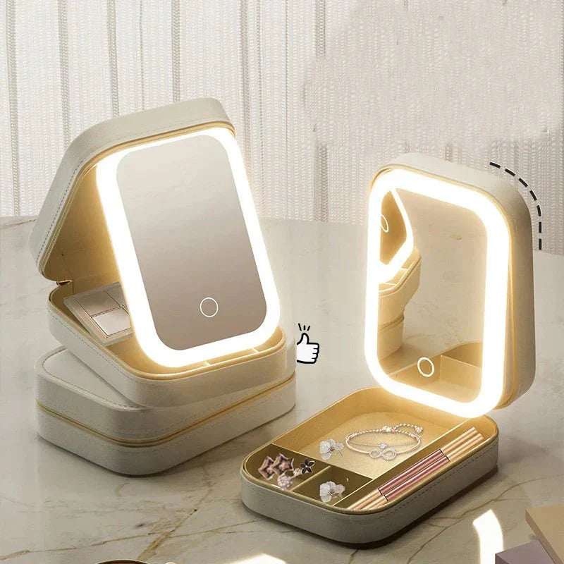 LED Lighted Makeup Mirror Jewelry Box – Portable 2-in-1 Travel Organizer with Adjustable Lighting, Cosmetic Storage & Rechargeable Battery – Compact Vanity Mirror for Women